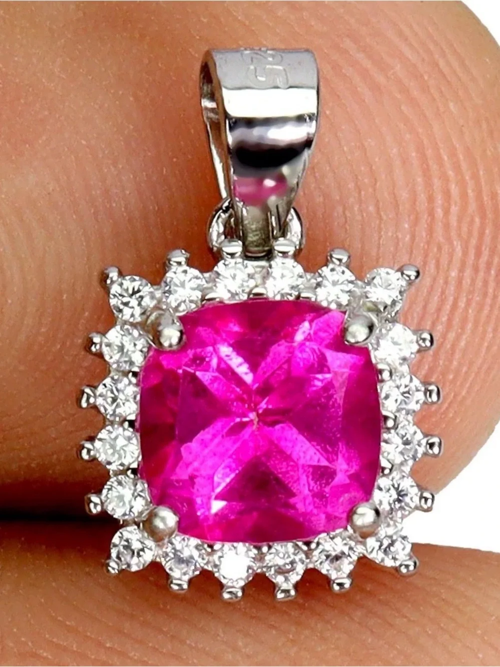 Stunning Natural Pink Topaz 1.15CT w/ Zircon Halo 14K Gold Pendant Necklace 18”
